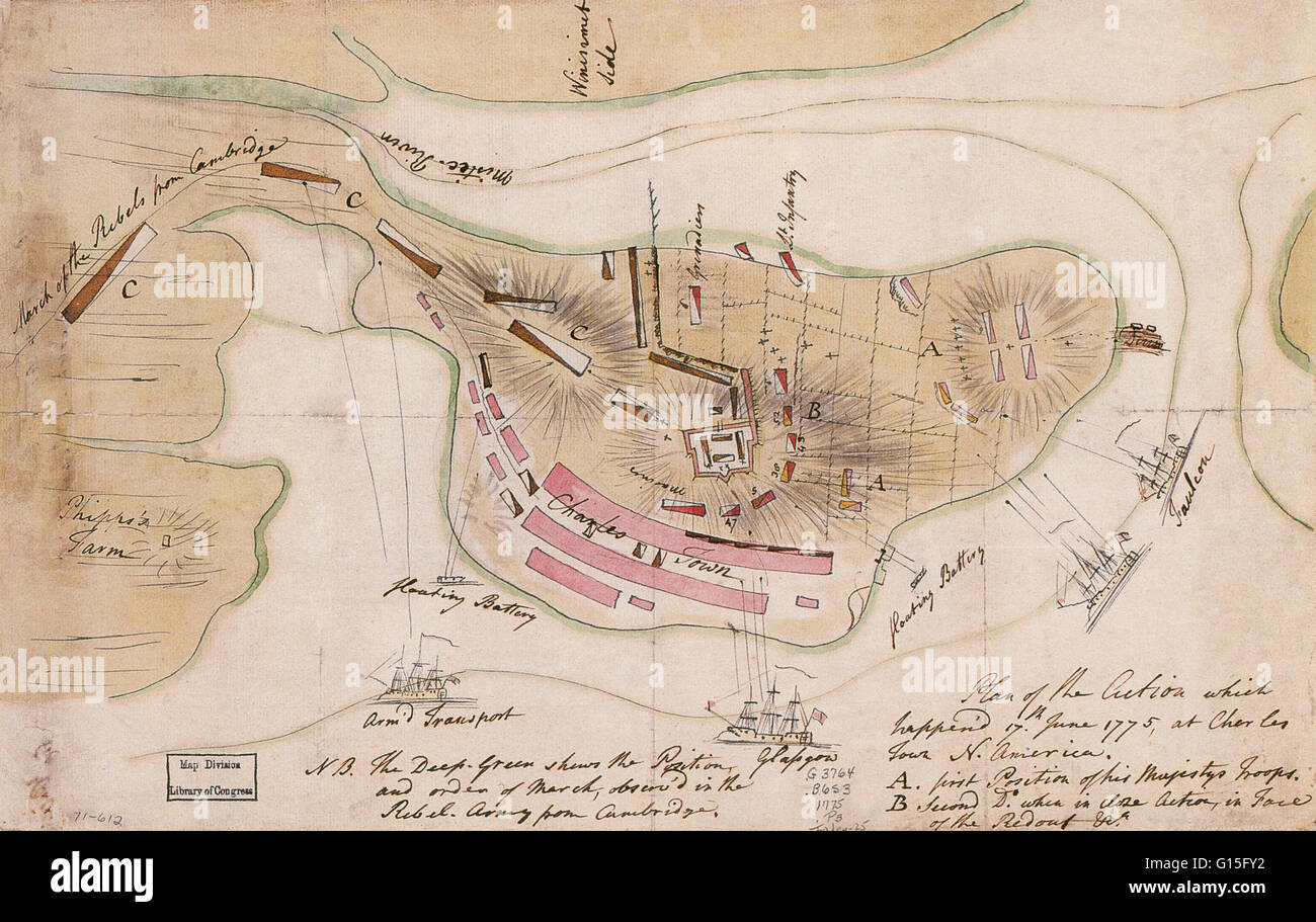 This 'Plan of the Action' which happened June 17th, 1775 at Charles Town North America depicts the first premeditated battle of the American Revolution. This manuscript map was done in ink and watercolor. This rough sketch map of the disposition of Britis Stock Photo