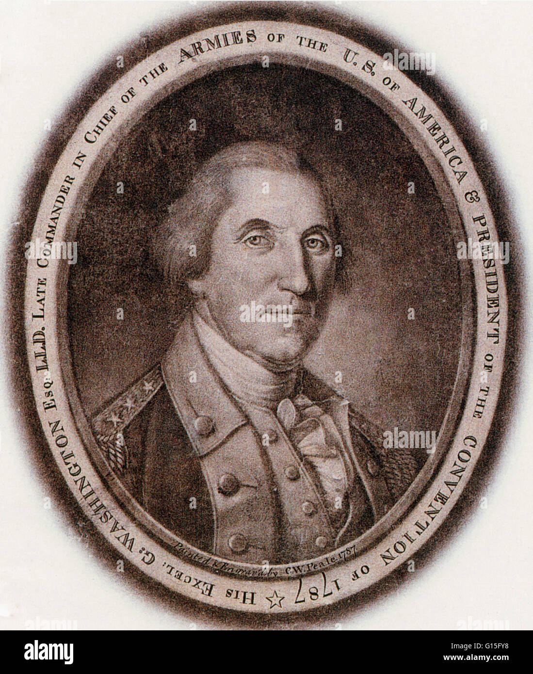 Portrait was issued in September 1787 at the culmination of the Constitutional Convention over which Washington presided. Printed portraits of him were ubiquitous in America during and after his lifetime, but few displayed the artistry and technical skill Stock Photo