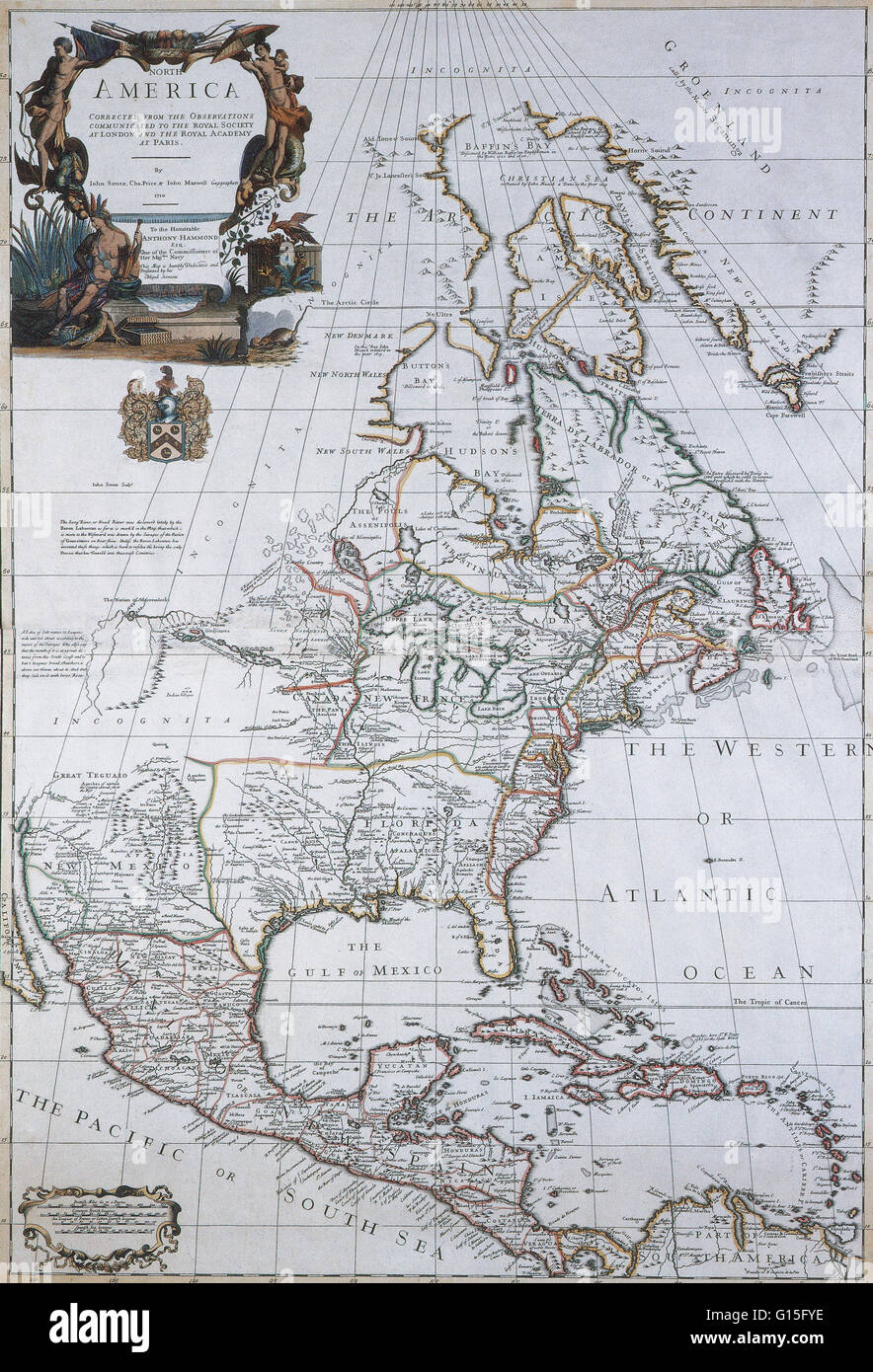 Colonial North America from 1710 drawn by John Senex, Charles Price, and John Maxwell. Stock Photo