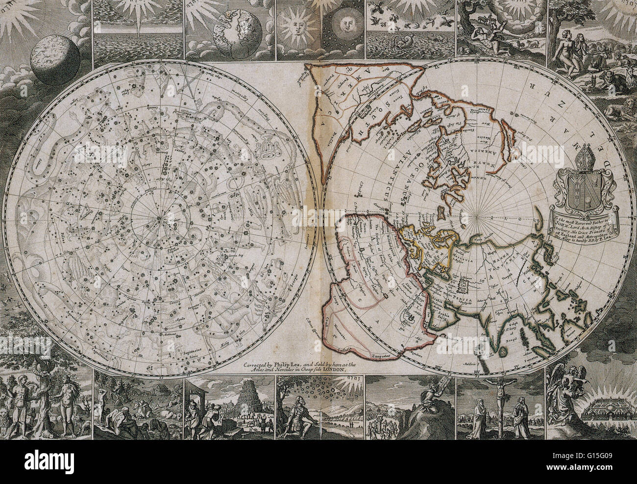 Map from 1691 showing two hemispheres. On the left is a celestial chart of the heavens, and on the right is the world projected from the North Pole. Stock Photo