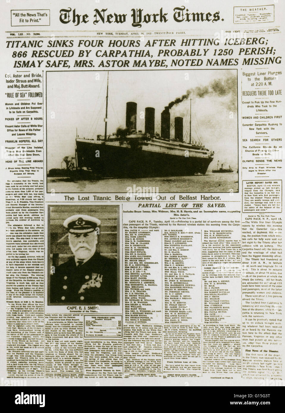 New York Times article from April 16th, 1912 about the Titanic Sinking. The Titanic steamship was the largest ship ever built at the time. In 1912, the ship sailed from Southampton, England to New York City. On April 14th, 1912 the ship struck an iceberg Stock Photo