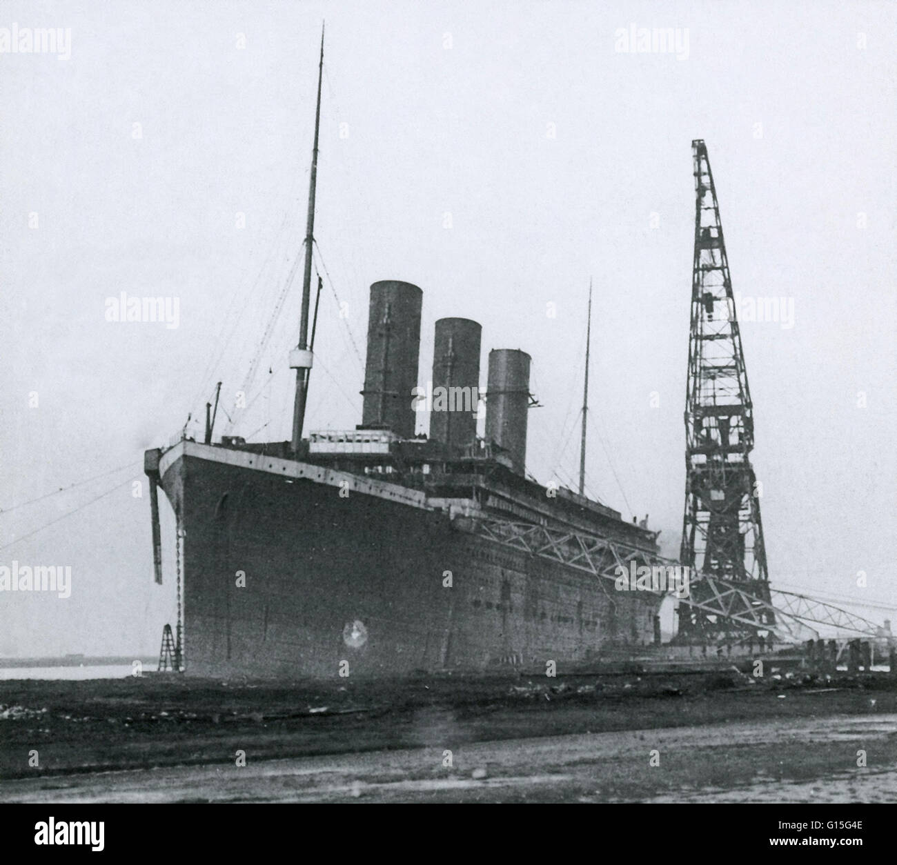 The Titanic during outfitting. Notice there are only three funnels, the ...
