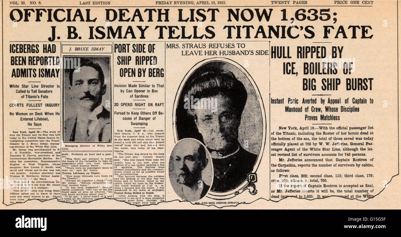 Newspaper clipping from Friday April 19th, 1912 covering the sinking of the Titanic Stock Photo