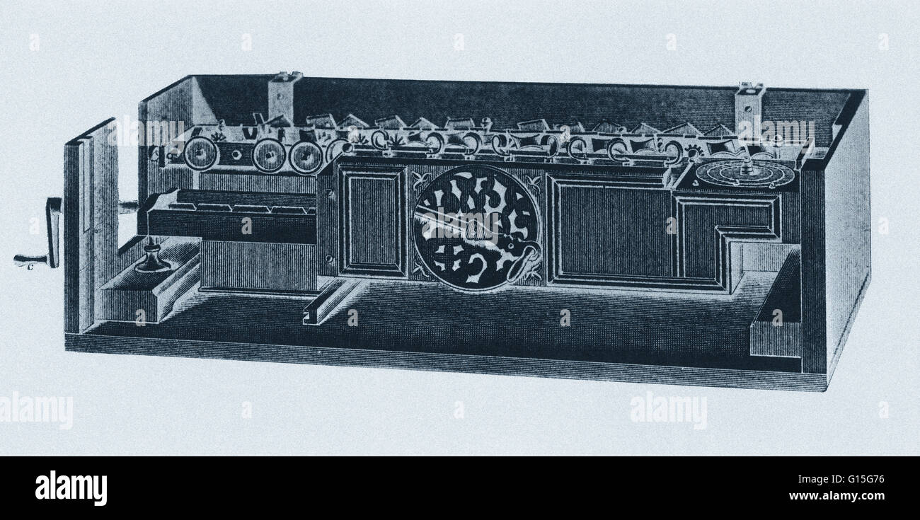 Leibniz may have been the first computer scientist and information theorist. The Step Reckoner (or Stepped Reckoner) was a digital mechanical calculator invented by German mathematician Gottfried Wilhelm Leibniz around 1672 and completed in 1694. It was t Stock Photo