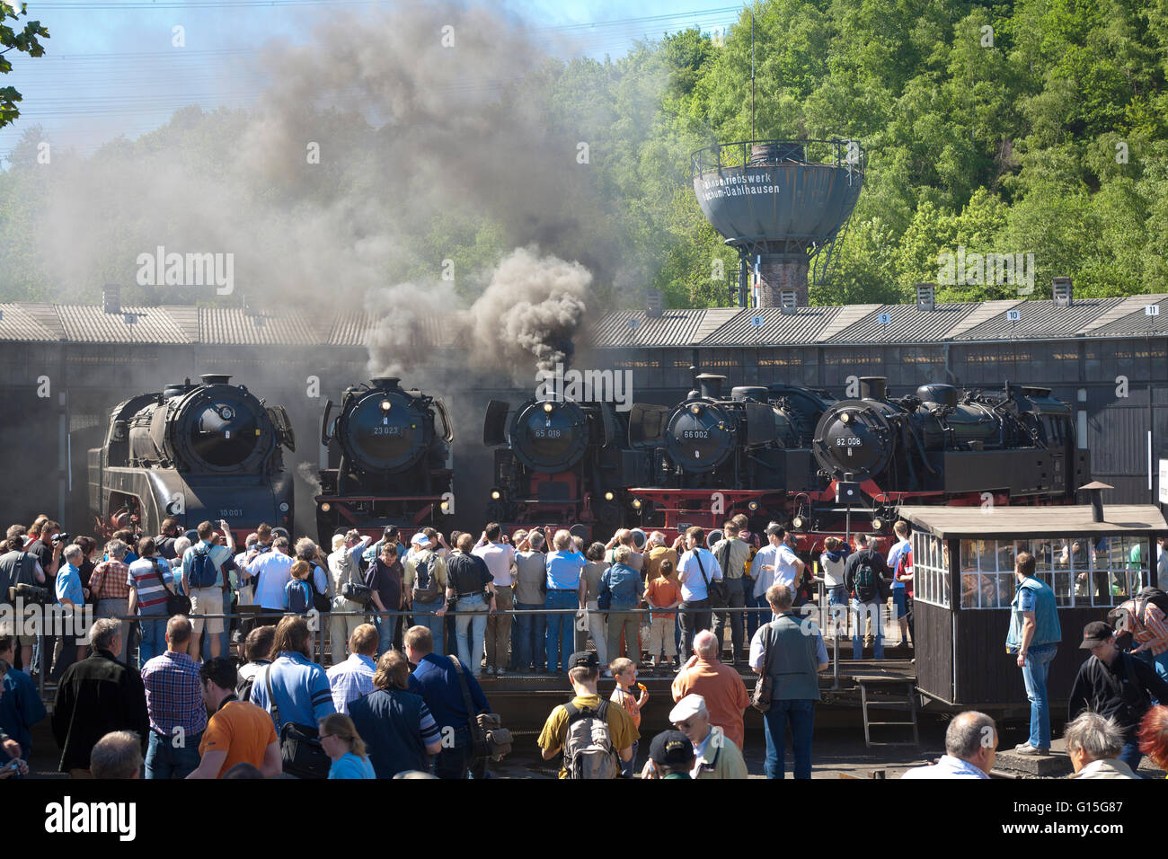 DEU, Germnay, Ruhr area, Bochum, railway museum in the district Dahlhausen, old steam locomotives in front of a shed, hangar, vi Stock Photo