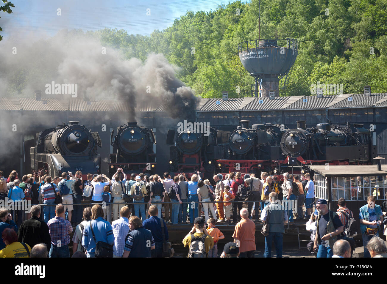 DEU, Germnay, Ruhr area, Bochum, railway museum in the district Dahlhausen, old steam locomotives in front of a shed, hangar, vi Stock Photo