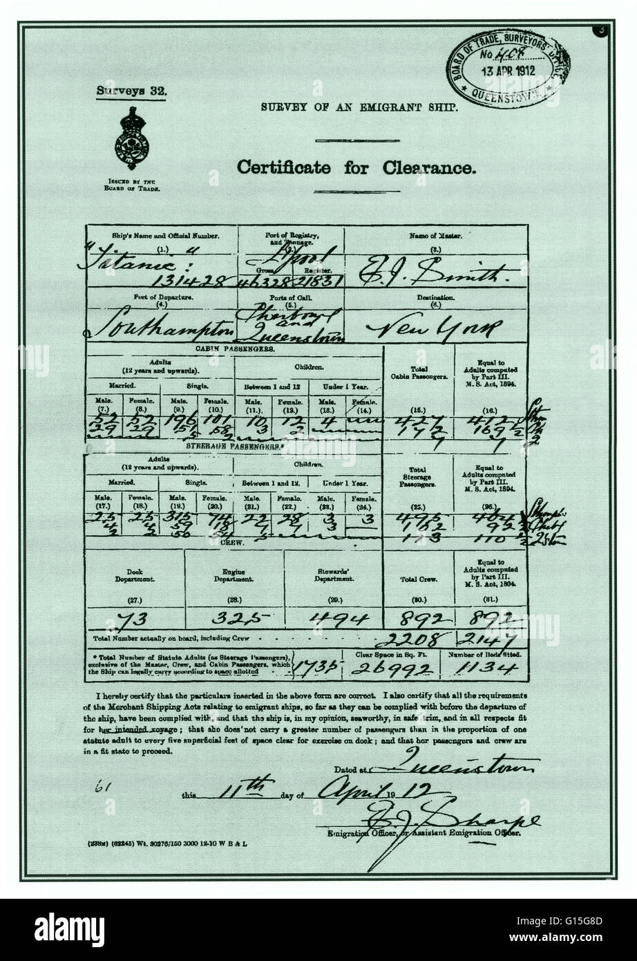 Certificate for Clearance allowing the Titanic to sail with emigrant trade on April 11, 1912, listing the number of passengers and crew. The total number, 2,208, may not be accurate, depending on the possible addition of stowaways and infants. Stock Photo