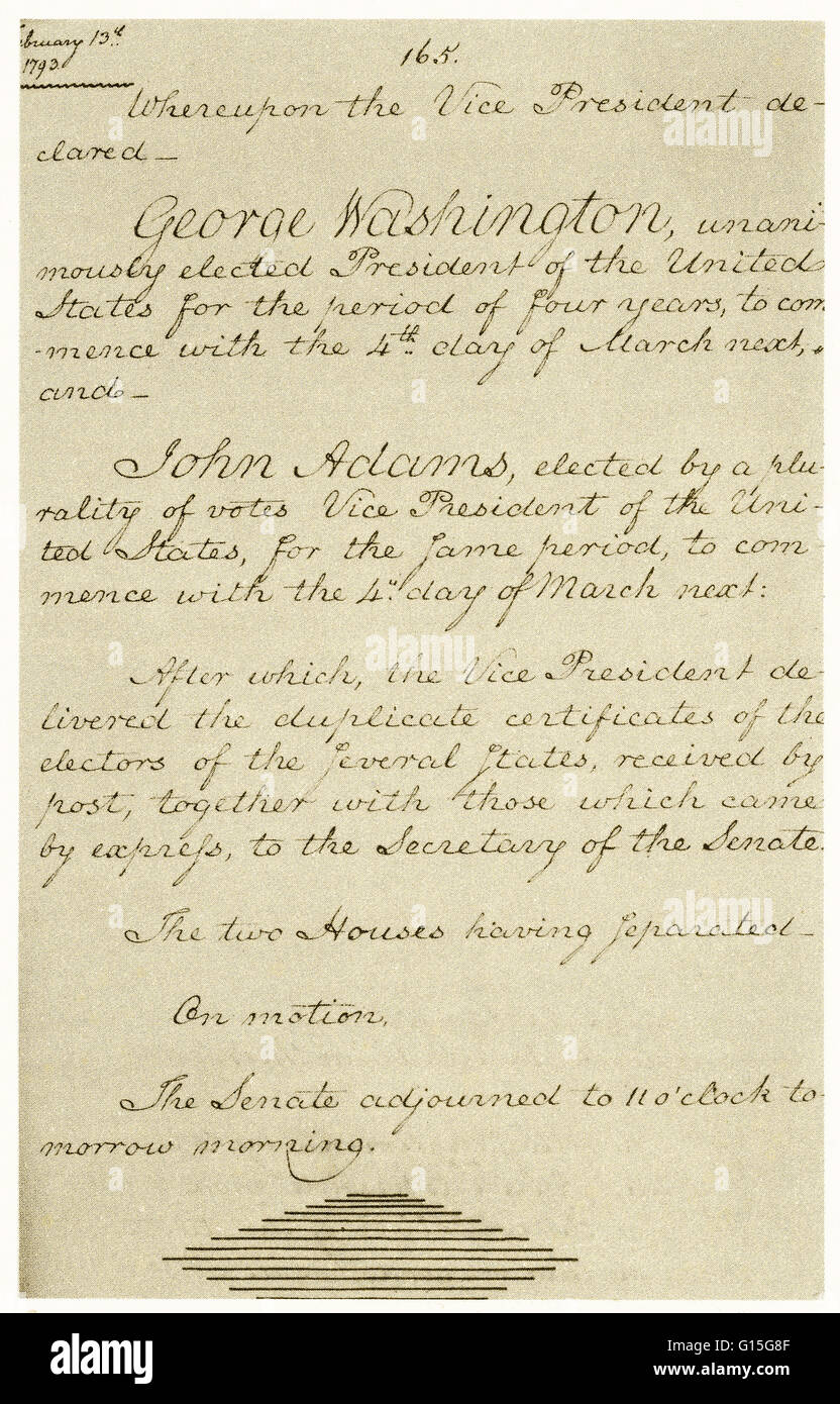 A page from the United States Senate Journal of 1793 describing the unanimous election of George Washington as President, and John Adams as Vice President. Stock Photo