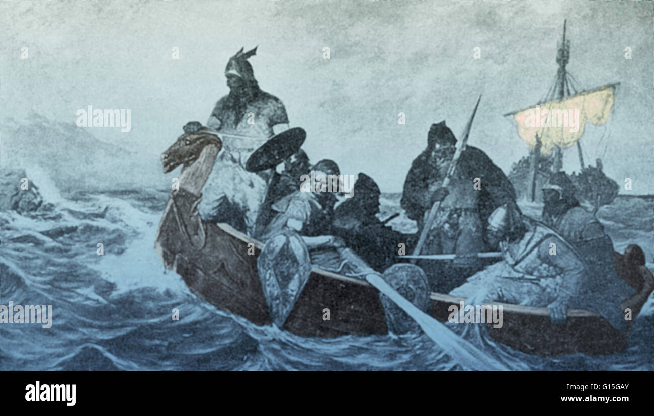 Leif Ericson off the coast of Vinland, photogravure by G. A. Wergeland, 1894. Leif Ericson (970 -1020) was a Norse explorer regarded as the first European to land in North America, nearly 500 years before Christopher Columbus. According to the Sagas of Ic Stock Photo