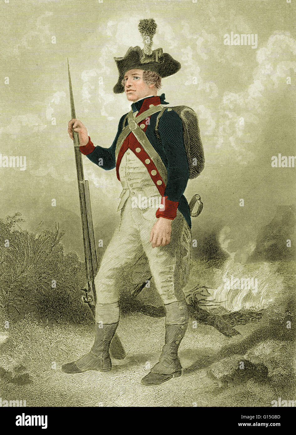 American Continental soldier, c. 1775.  Engraved by John C. McRae from a painting by Alonzo Chappel (1828-1887).  The American Continental Army was formed after the outbreak of the American Revolutionary War by the Thirteen American Colonies.  George Wash Stock Photo
