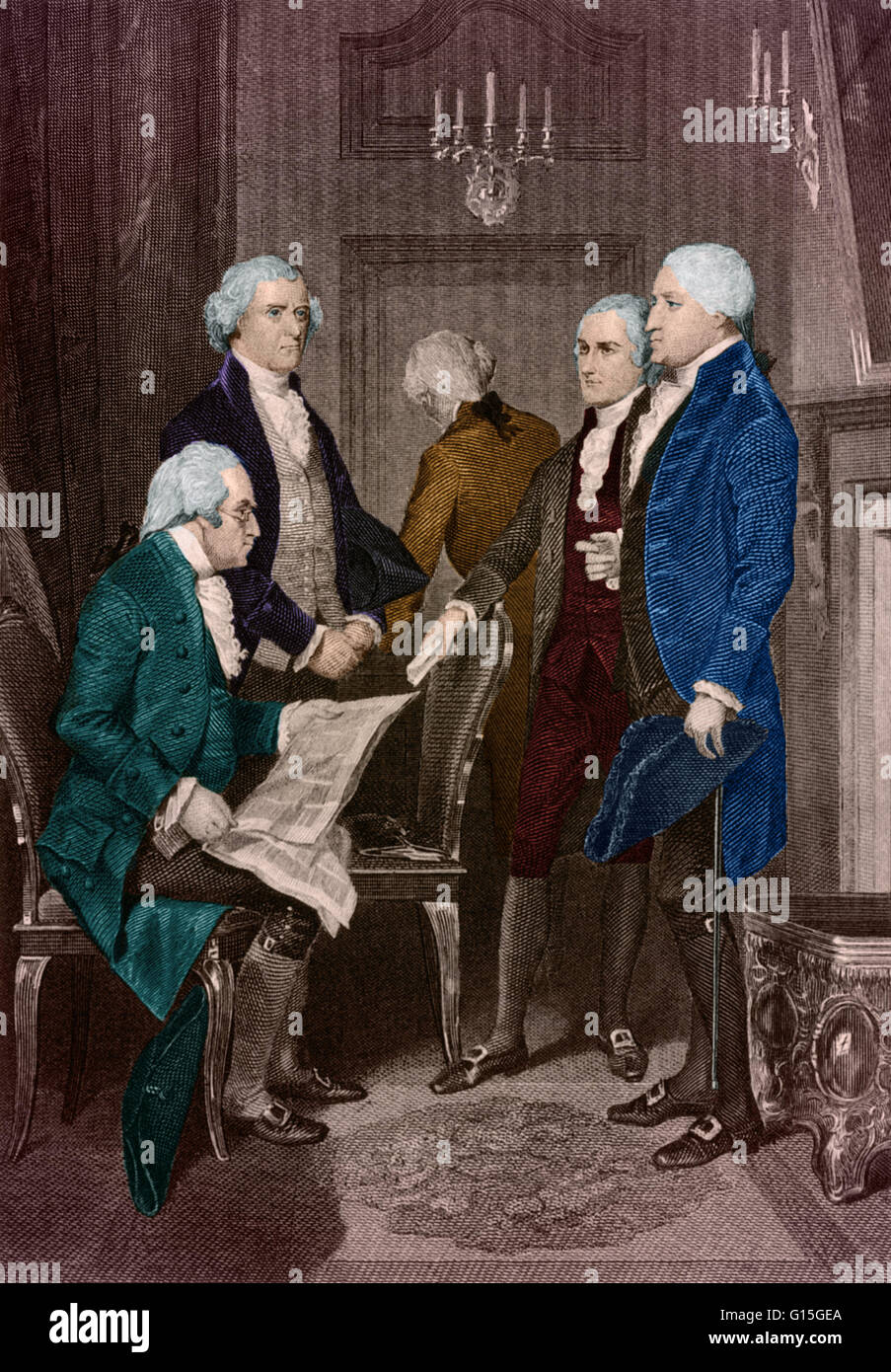 The first presidential administration in 1789. From left to right: Secretary of War Henry Knox, Secretary of State Thomas Jefferson, Secretary of the Treasury Alexander Hamilton and President George Washington. Stock Photo
