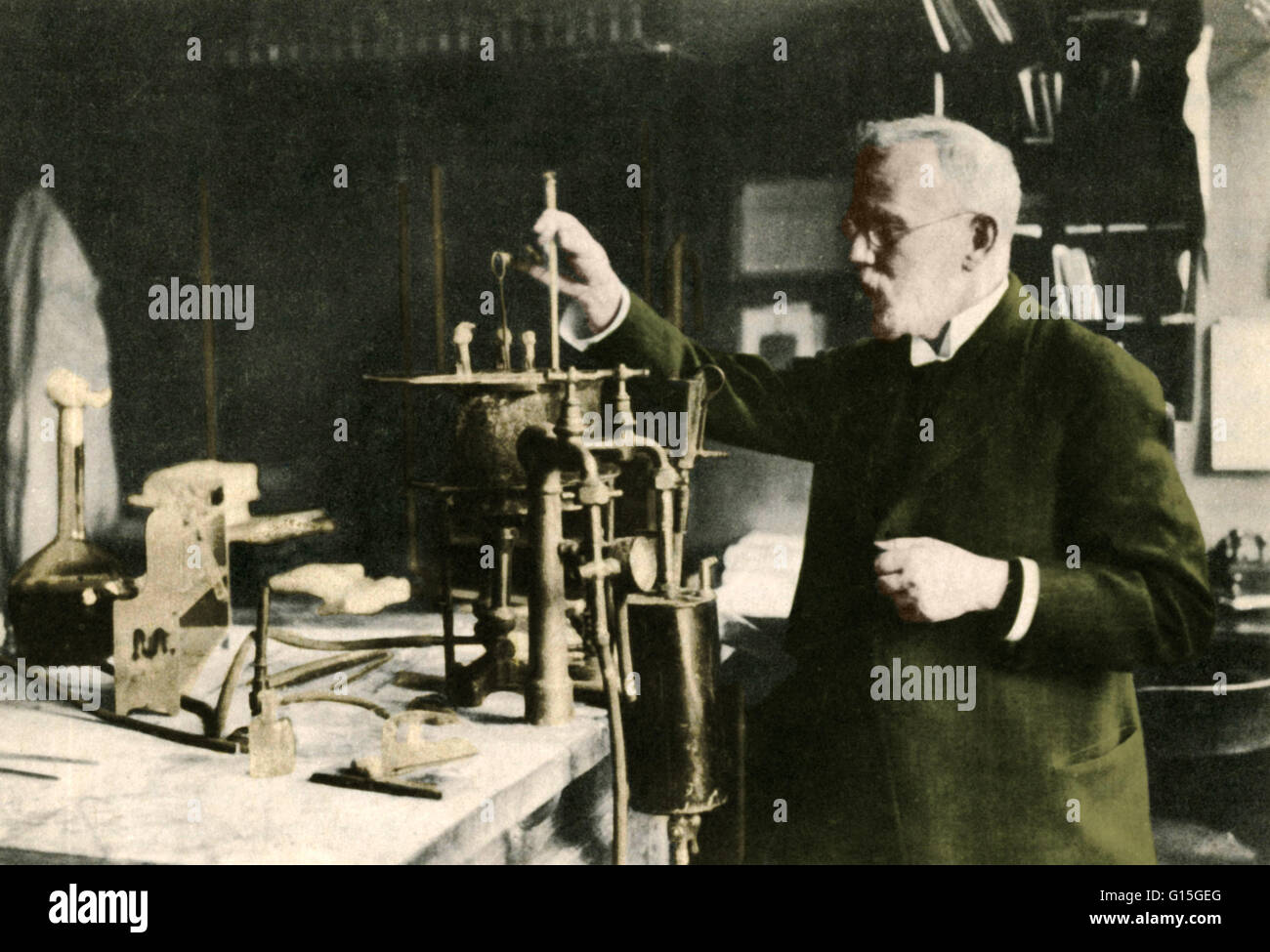 Ehrlich performing a set test pattern for chemotherapy with Salvarsan. Paul Ehrlich (March 14, 1854-August 20, 1915) was a German physician and scientist who worked in the fields of hematology, immunology, and chemotherapy. The methods he developed for st Stock Photo