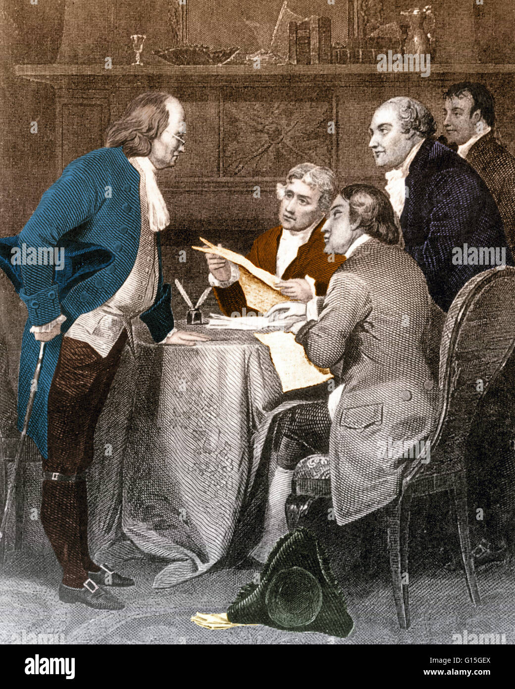 Meeting of the Declaration of Independence Committee. Pictured are Thomas Jefferson, Roger Sherman, Benjamin Franklin, Robert Livingston, and John Adams drafting the Declaration of Independence in June 1776. Stock Photo
