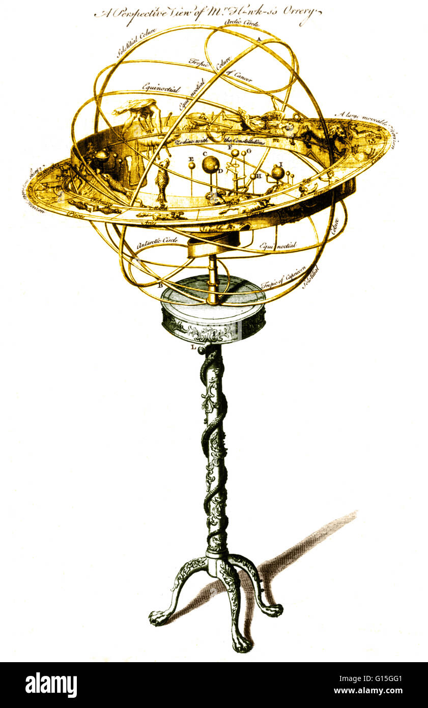 A perspective view of an orrery, a mechanical device showing the orbit of planets around the sun, from 1775. Stock Photo