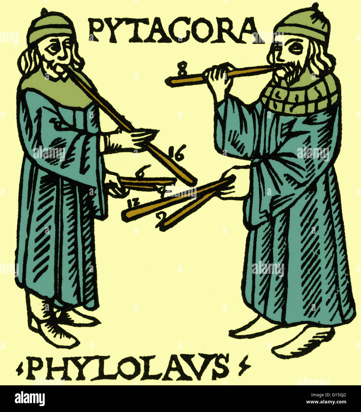 Fifteenth century woodcut of the Greek philosopher Pythagoras discovering acoustics and musical theory around 550 BC. Here, Pythagoras is shown discovering the mathematical rationale of musical pitch and harmony with pipes. Woodcut form Gaffurio's Theoric Stock Photo
