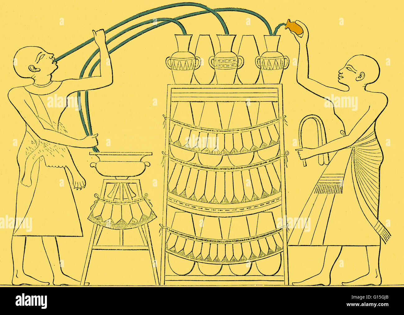 A image showing a method of distillation, from an ancient tomb painting
