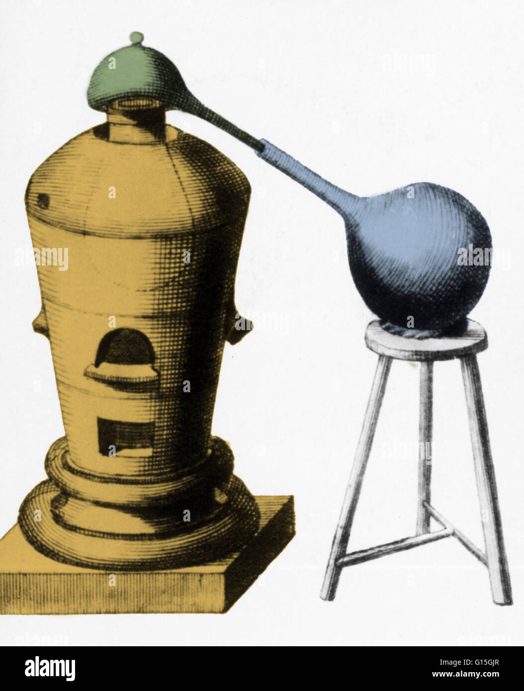 Different types of apparatus used by 18th century chemists. Shown here is an alembic, or distilling appartus, which still held an honorable place in chemistry, and was used to separate substances into their constituent parts. Stock Photo