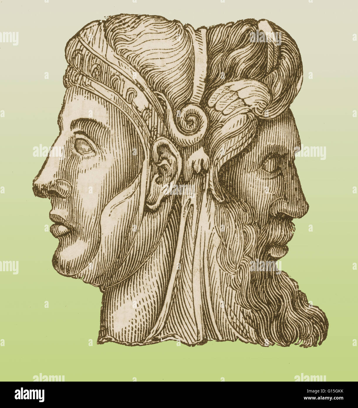 Janus, the ancient Roman god of beginnings and transitions (gates, doors, doorways, endings and time). He is usually shown as having two heads facing in opposite directions. Stock Photo