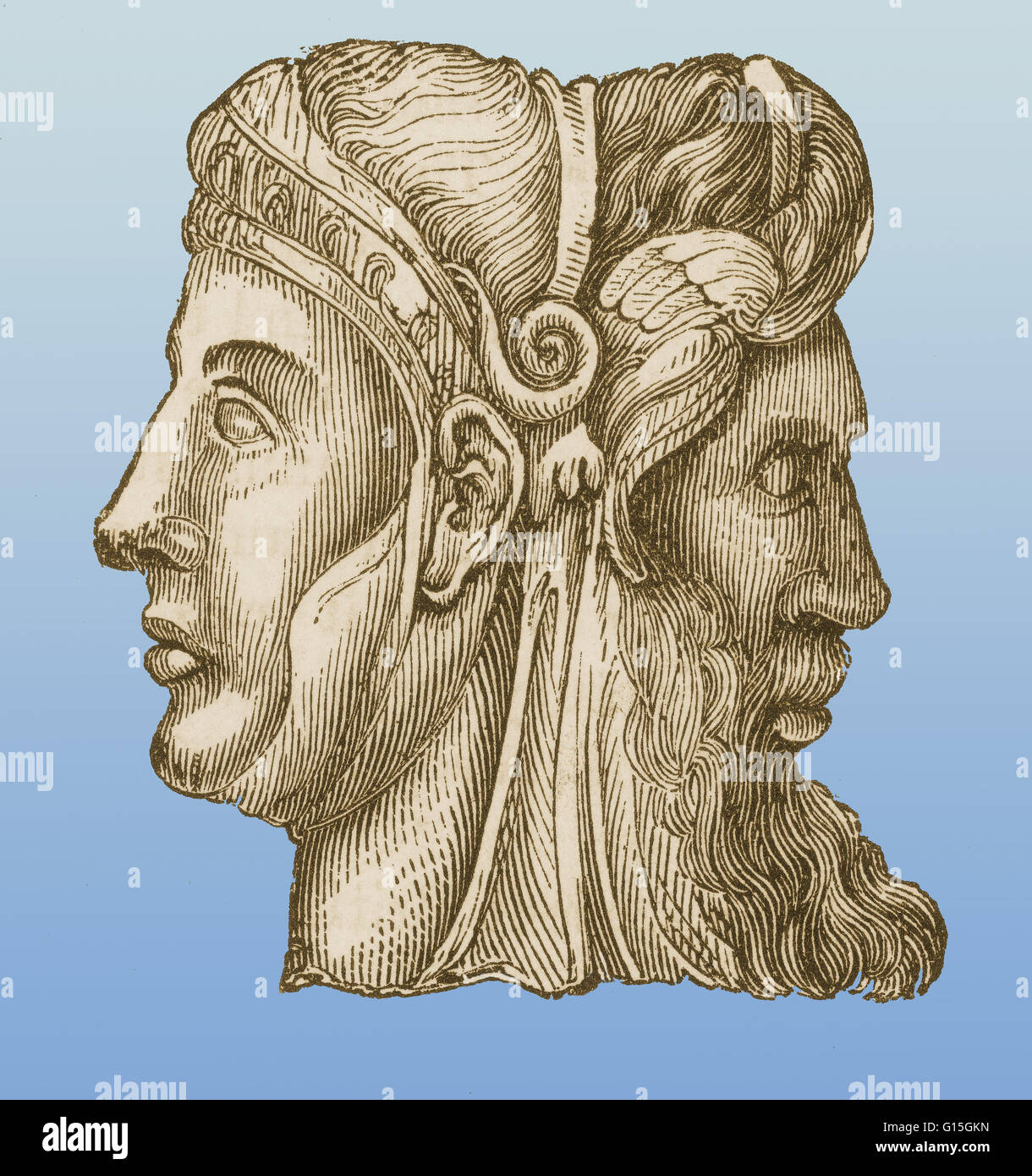 Janus, the ancient Roman god of beginnings and transitions (gates, doors, doorways, endings and time). He is usually shown as having two heads facing in opposite directions. Stock Photo