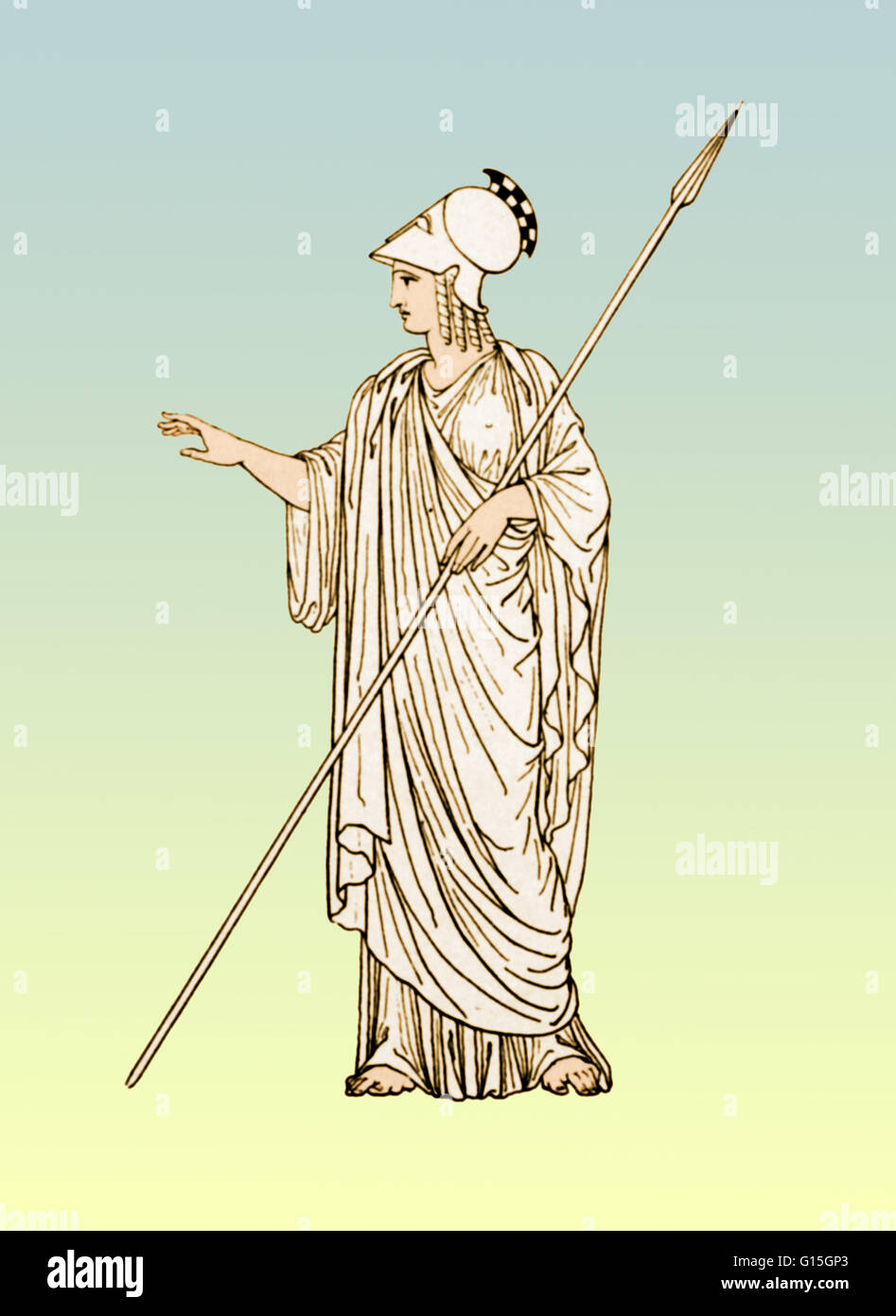 Minerva was the Roman goddess of wisdom and sponsor of arts, trade, and strategy. She was born from the godhead of Jupiter with weapons. From the 2nd century BC onwards, the Romans equated her with the Greek goddess Athena. She was the virgin goddess of m Stock Photo