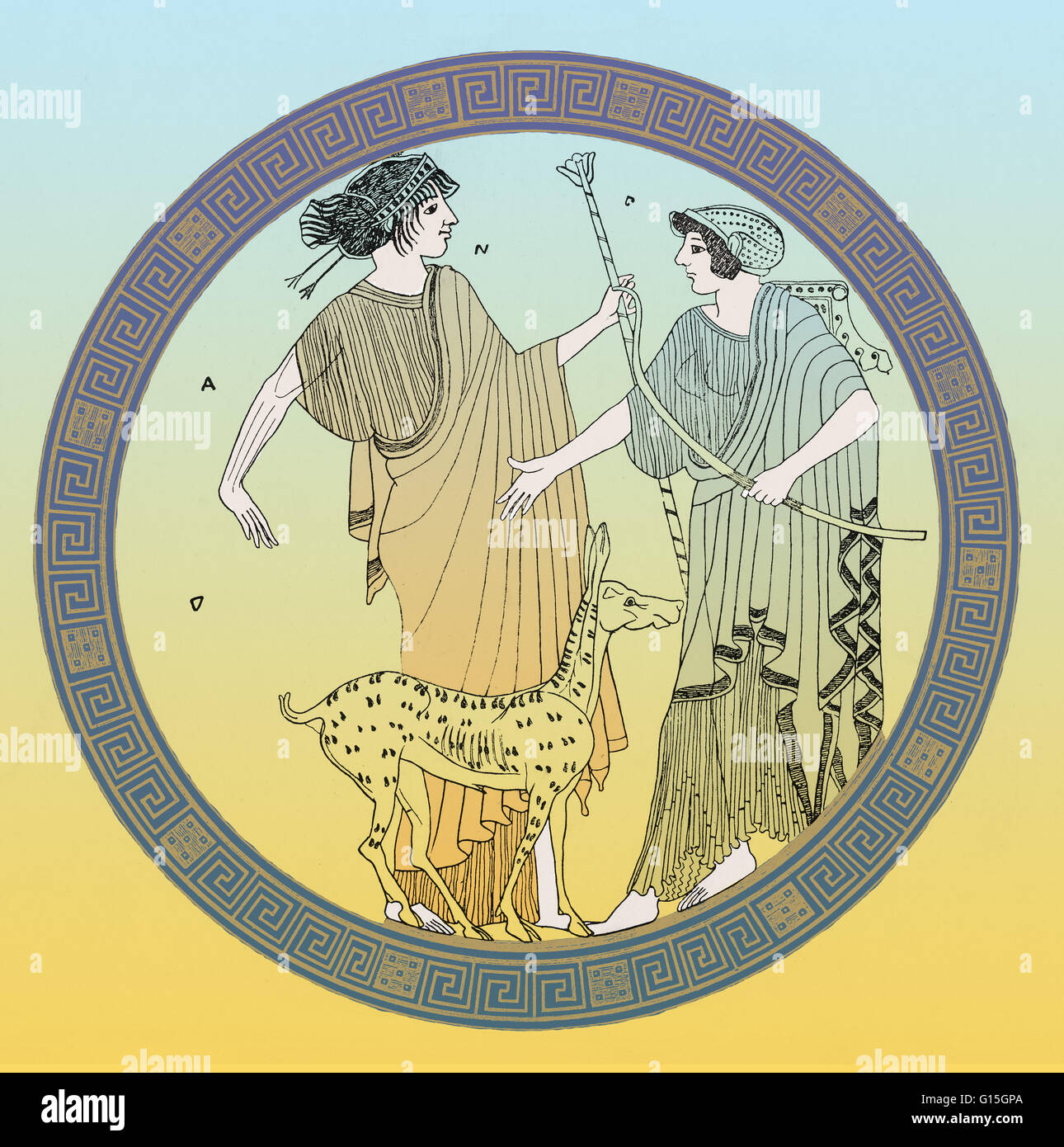 Apollo and Artemis, twin son and daughter of Zeus and Leto. They are shown here with their attributes: Apollo, at left, stands beside his fawn, and Artemis (later to become the Roman goddess Diana) is shown holding her bow and wearing a quiver. Image deri Stock Photo