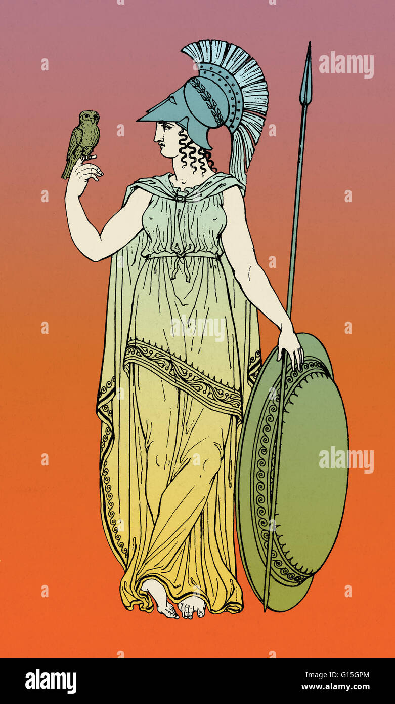 Minerva was the Roman goddess of wisdom and sponsor of arts, trade, and strategy. She was born from the godhead of Jupiter with weapons. From the 2nd century BC onwards, the Romans equated her with the Greek goddess Athena. She was the virgin goddess of m Stock Photo