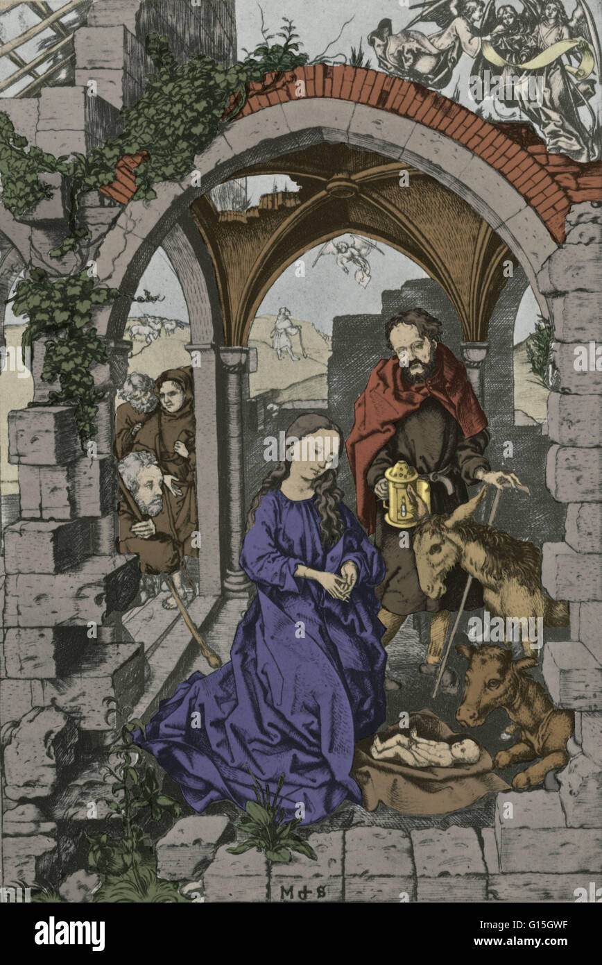 The nativity, Martin Schongauer, 1470 AD. The Nativity refers to the