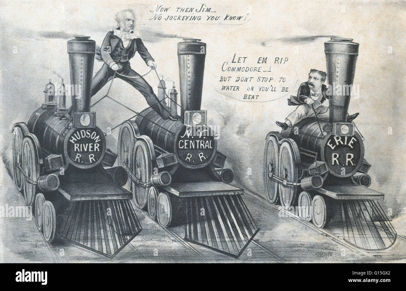 Cornelius Vanderbilt and James Fisk are shown in a race for control of New York's rails. Throughout 1868 and 1869, the two men had fought for control of the Erie Railroad. Vanderbilt straddles his two railroads, the Hudson River and the New York Central, Stock Photo