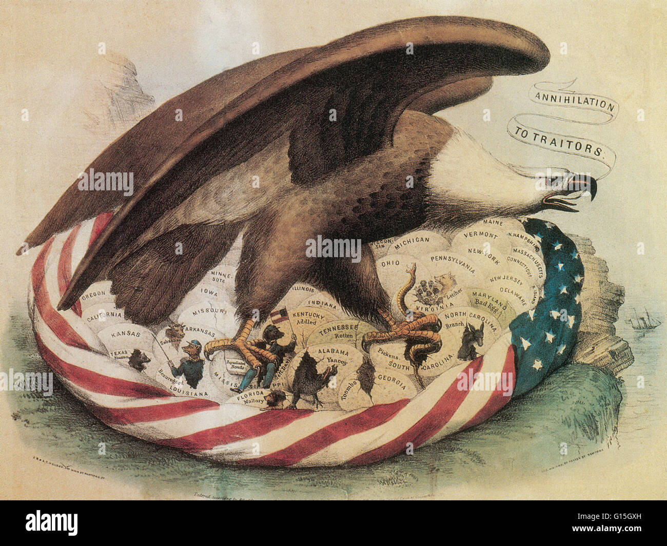 This lithograph is entitled 'The Eagle's Nest' and the caption reads: Colored lithograph published by the Kellog brothers, 1861. Shows the American flag as a nest filled with eggs each given the name of one of the states in the union. Many of the southern Stock Photo