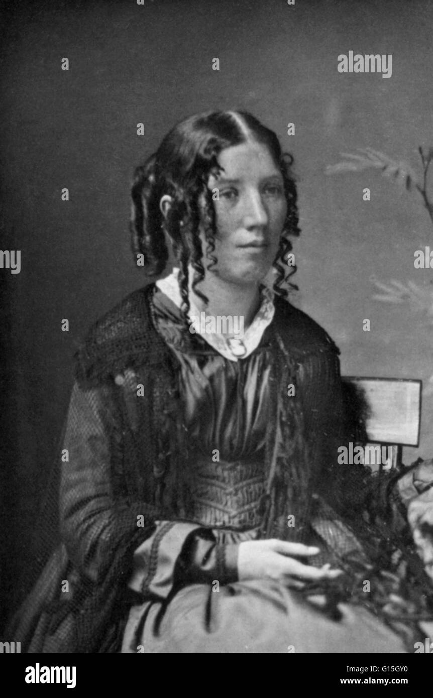 Harriet Beecher Stowe (June 14, 1811 - July 1, 1896) was an American abolitionist and author. Her novel Uncle Tom's Cabin (1852) depicted life for African-Americans under slavery. It was read and seen by millions as a novel and play, and became influentia Stock Photo