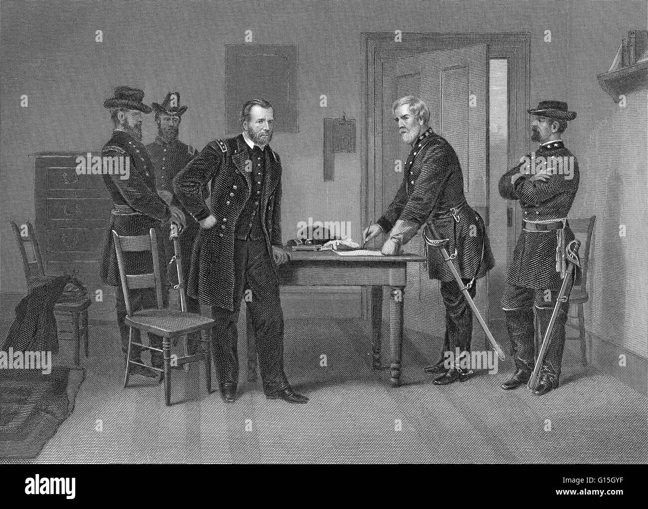 Lee surrenders to Grant surrounded by aides at Appomattox Court House,   Battle of Appomattox Court House, fought on the morning of  April 9, 1865, was the final engagement of Confederate States