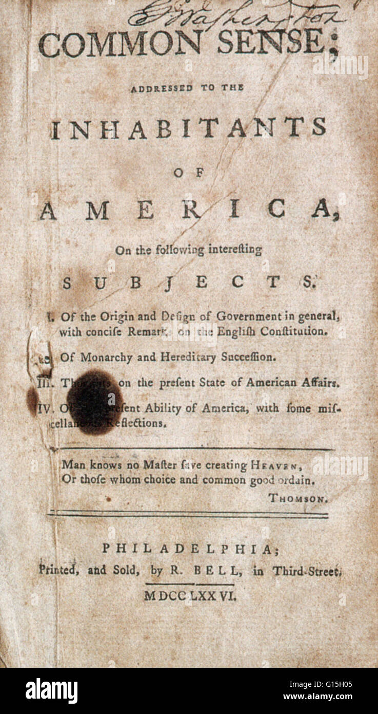 'Common Sense' is a pamphlet written by Thomas Paine. It was first published anonymously on January 10, 1776, during the American Revolution. Common Sense presented the American colonists with an argument for freedom from British rule at a time when the q Stock Photo