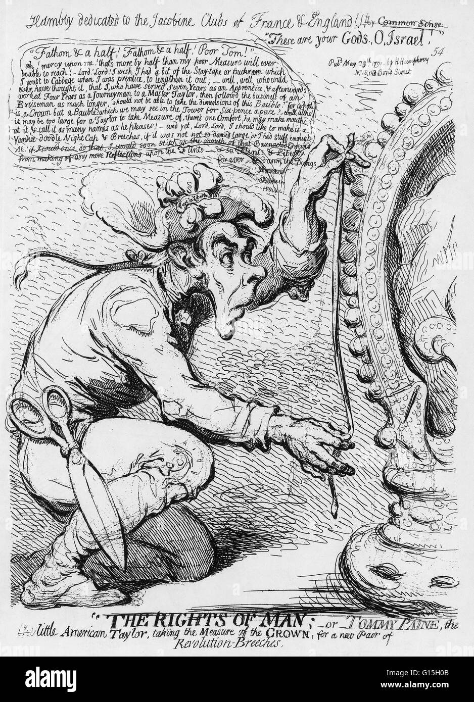 Caricature of Thomas Paine 'taking the measure of the Crown for a new Pair of Revolution Breeches.' In 1787 Edmund Burke wrote a attack against the people's movement entitled 'Reflections on the Revolution in France.' Thomas Paine retaliated with a book e Stock Photo