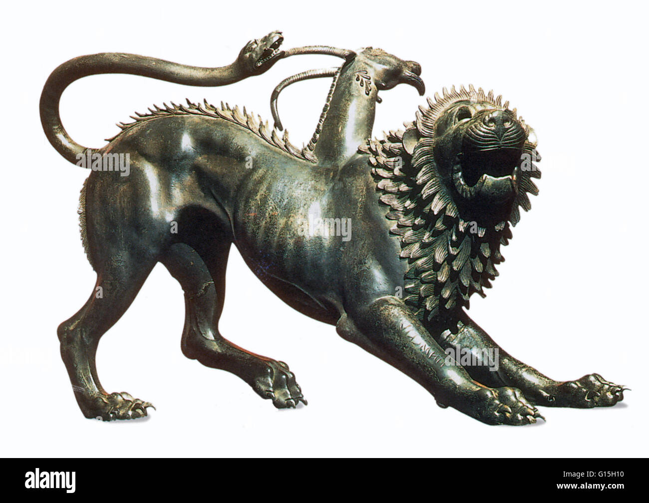The Chimera of Arezzo, a 5th century B.C. bronze sculpture, is one of the best known examples of Etruscan art. The Chimera is a creature belonging to Greek mythology, comprising multiple animal parts (lion, goat and snake). Stock Photo