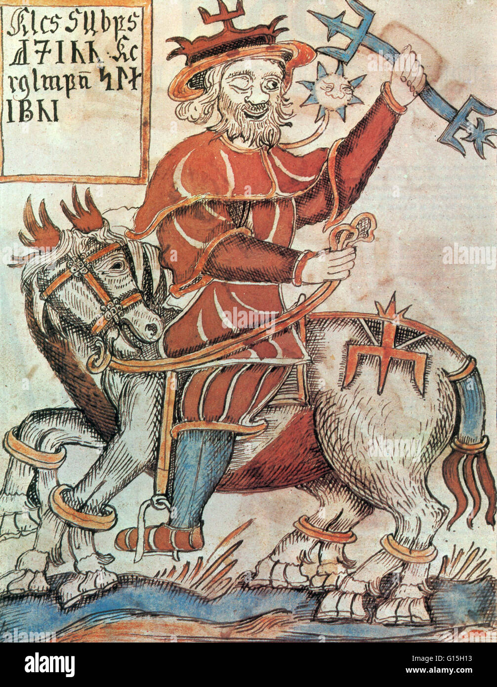 18th century Icelandic manuscript depicting the Norse god Odin riding Sleipnir, his steed. Stock Photo