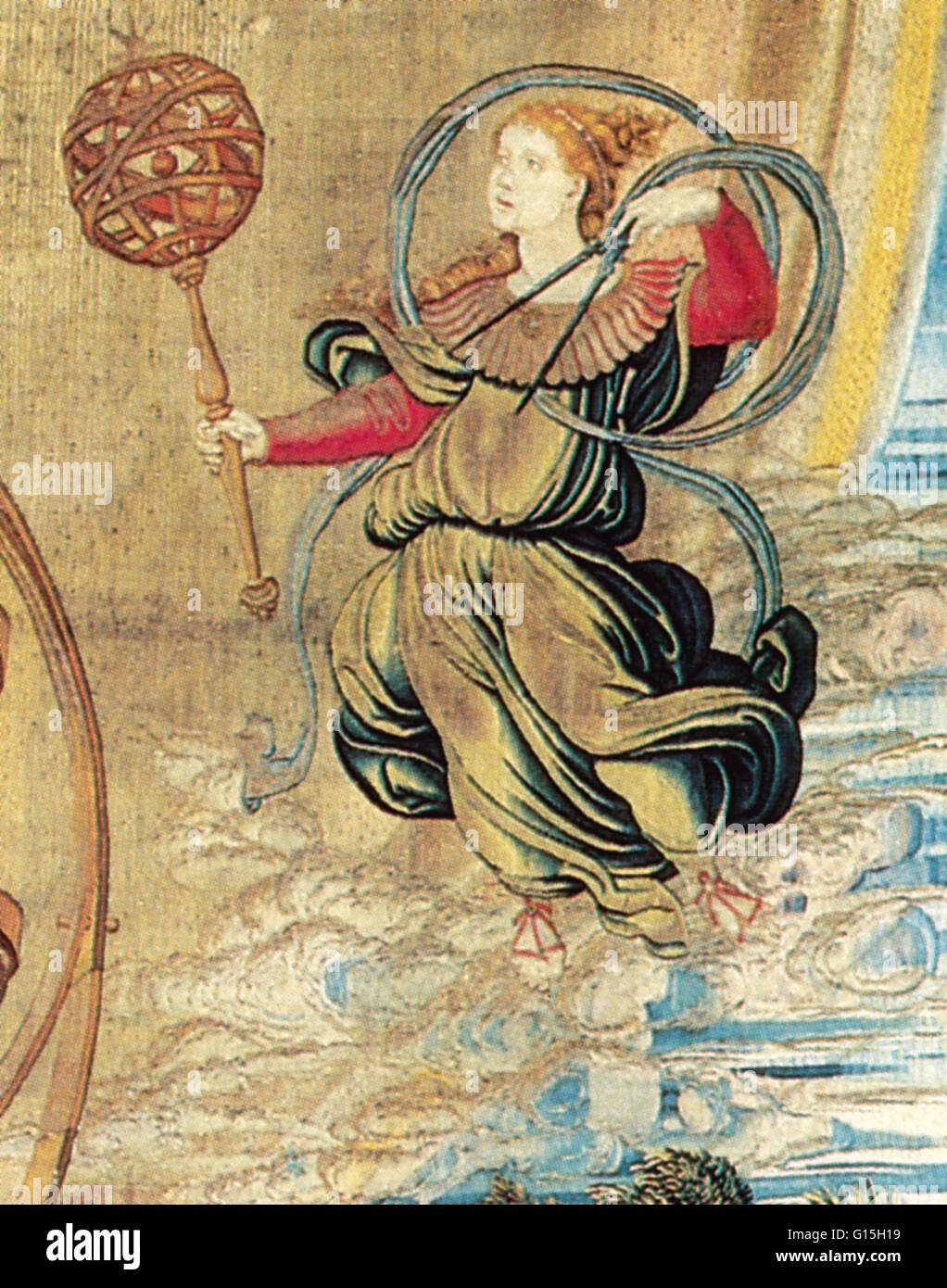 Detail of the tapestry 'Atlas Supporting the Armillary Sphere,' ca. 1530, by George Wezeler, Brussels, Belgium. For the full tapestry, see image no. BS4748. Stock Photo