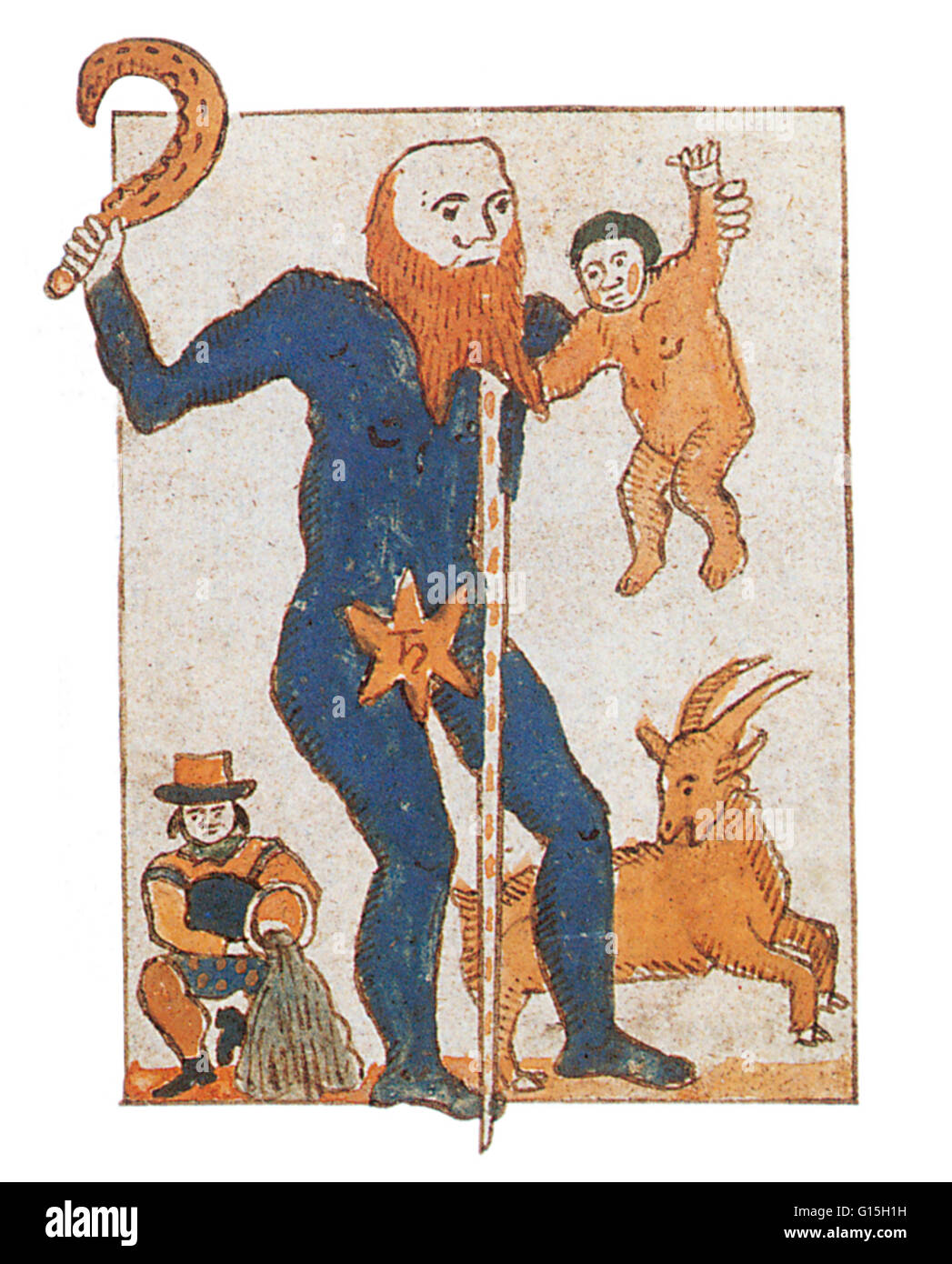 This medieval illustration shows the Roman god Saturn in the traditional guise of an old man. The Zodiacal signs under his influence, Aquarius and Capricorn, are depicted on his left and right, respectively. He holds the sickle with which his Greek counte Stock Photo