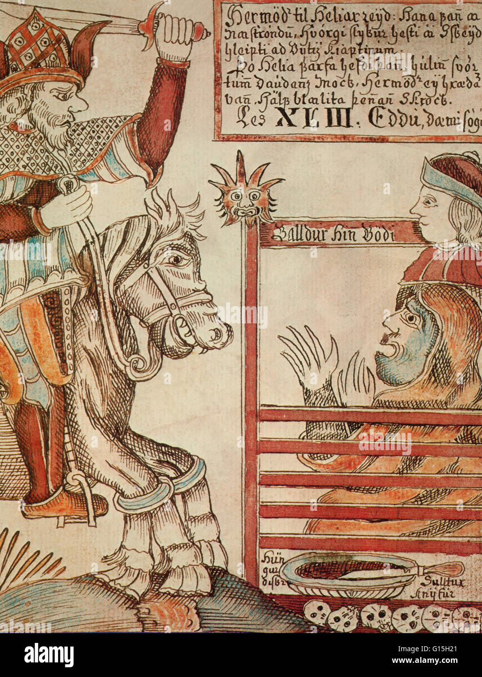 An illustration the Norse god Hermod riding to retrieve the god Baldr from Hel (the underworld), from an 18th century Icelandic manuscript. Stock Photo