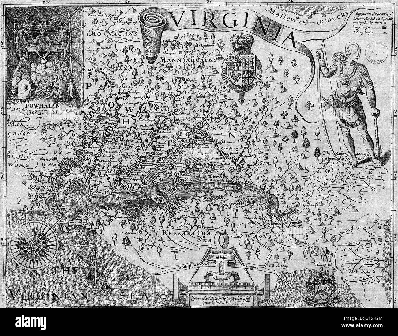 Captain John Smith's map of Virginia from The Generall Historie of Virginia, New-England, and the Summer Isles, 1624. Stock Photo