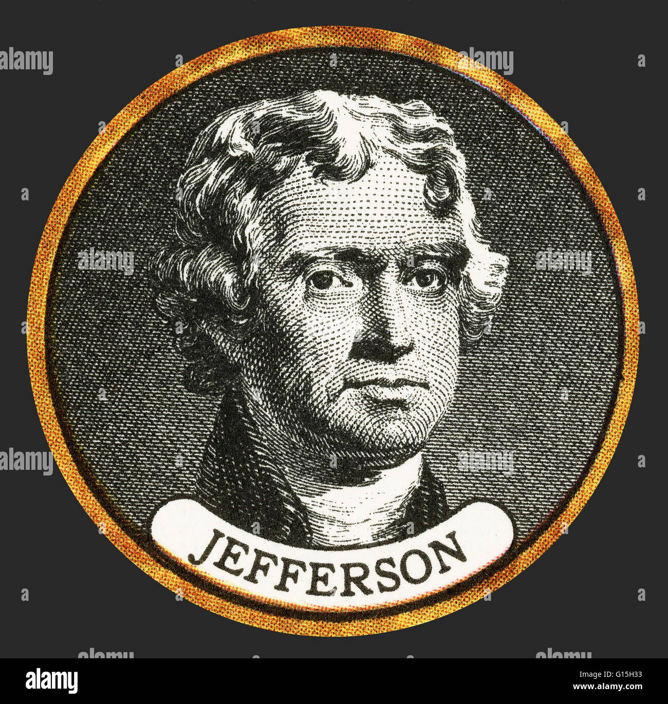 Thomas Jefferson (April 13, 1743 - July 4, 1826) was an American Founding Father, the principal author of the United States Declaration of Independence (1776) and third President of the United States (1801-1809). At the beginning of the American Revolutio Stock Photo