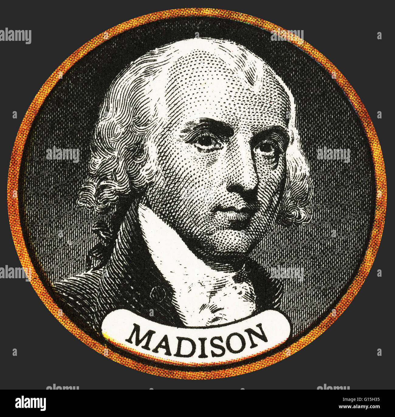 James Madison, Jr. (March 16, 1751 - June 28, 1836) was the fourth President of the United States (1809-1817) statesman and political theorist. Madison is one of the authors of the Federalist Papers, a series of 85 articles or essays promoting the ratific Stock Photo