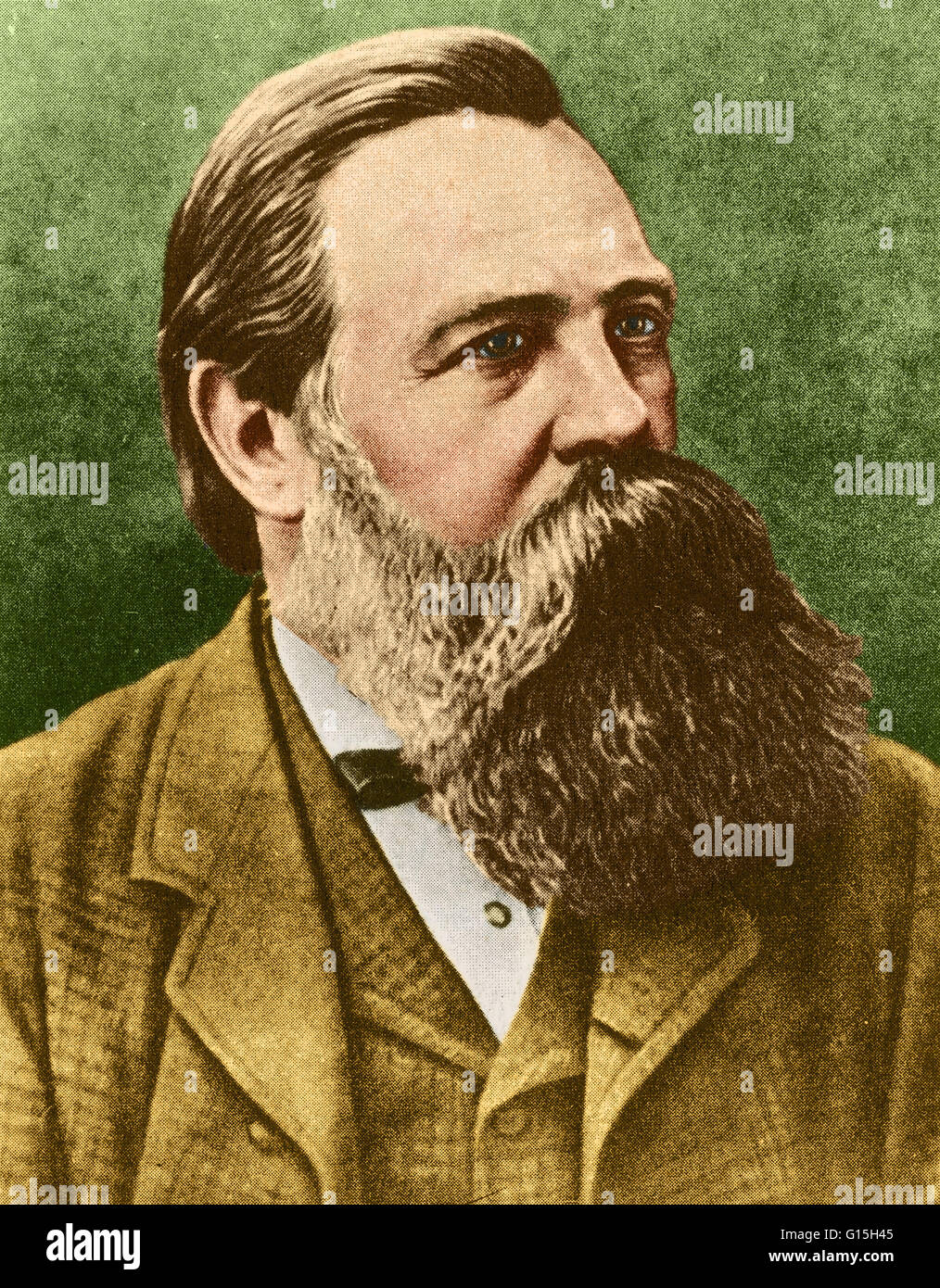 Color enhanced image of Friedrich Engels (1820-1895), a German philosopher and writer. The son of a textile manufacturer, Engels became a founder of modern communism and socialism, a friend and collaborator of Karl Marx, and coauthor of 'The Communist Man Stock Photo