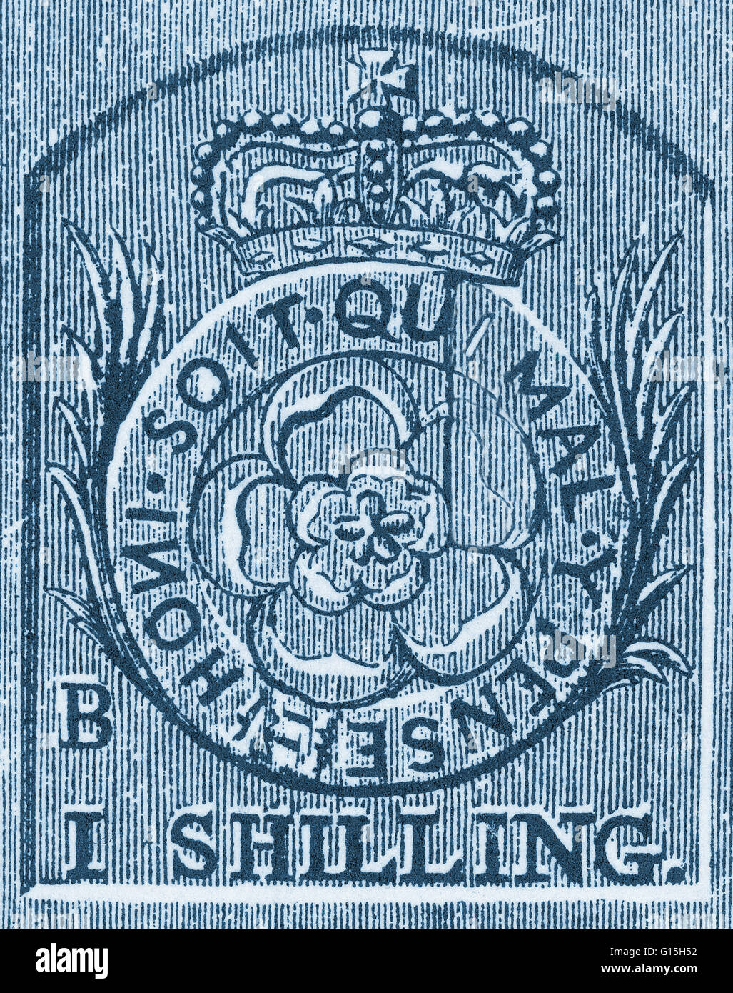Facsimile of a revenue stamp, introduced into the American colonies with the Stamp Act of 1765. This had to appear on every kind of publication, including legal and commercial papers and licenses. The Stamp Act of 1765 was a tax imposed by the British Par Stock Photo