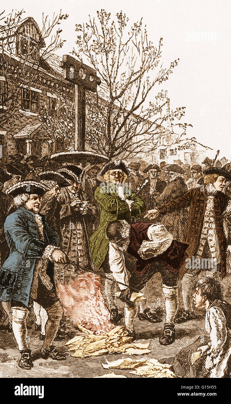 New Yorkers burning seized stamped papers, from an illustration by A. B. Frost. The Stamp Act of 1765 was a tax imposed by the British Parliament on the colonies of British America. It was deplored and resisted by the Americans, whose rallying cry of 'No Stock Photo