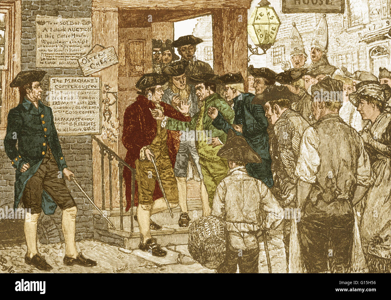 An 18th century angry mob attempting to force a stamp officer to resign, in an illustration by Howard Pyle from Harper's Magazine, March 1882. The Stamp Act of 1765 was a tax imposed by the British Parliament on the colonies of British America. It was dep Stock Photo