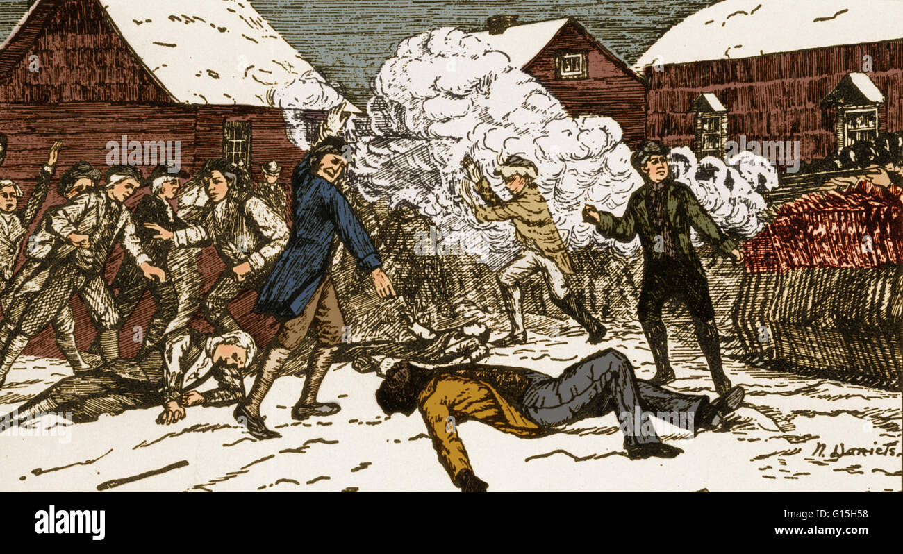 An engraving of the Boston Massacre on March 5th, 1770. Five civilians were killed by British troops in Boston after an argument broke out between a sentry and a local merchant. Among them was the black sailor and ex-slave, Crispus Atticus, depicted in th Stock Photo