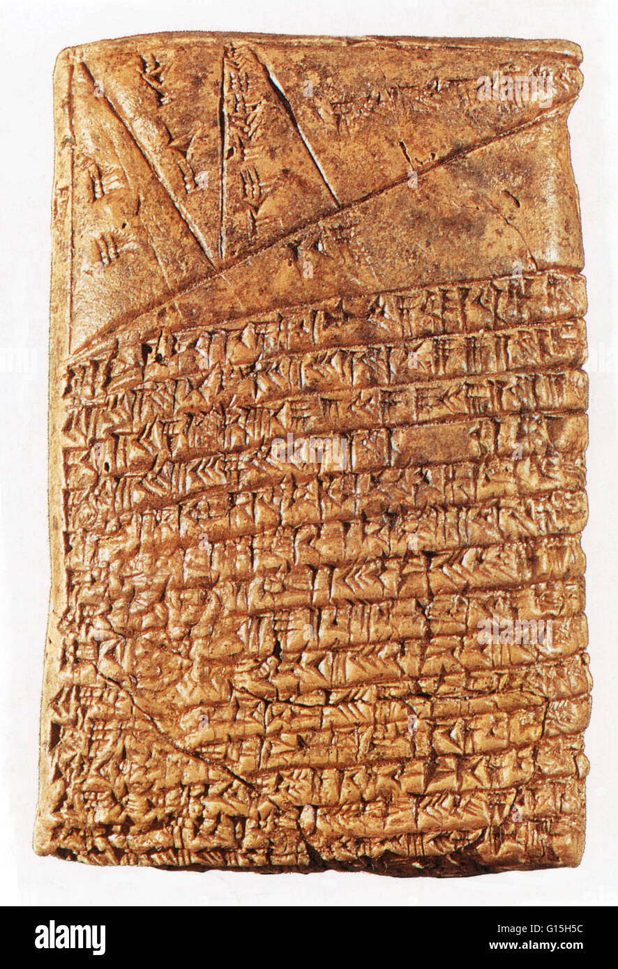 A cuneiform mathematical text from Hammurabi's time. Most mathematical texts come from a site at Tell Harmel in modern Iraq and are primarily school assignments used to instruct students. Many are tables for multiplication, division, finding cubic measure Stock Photo