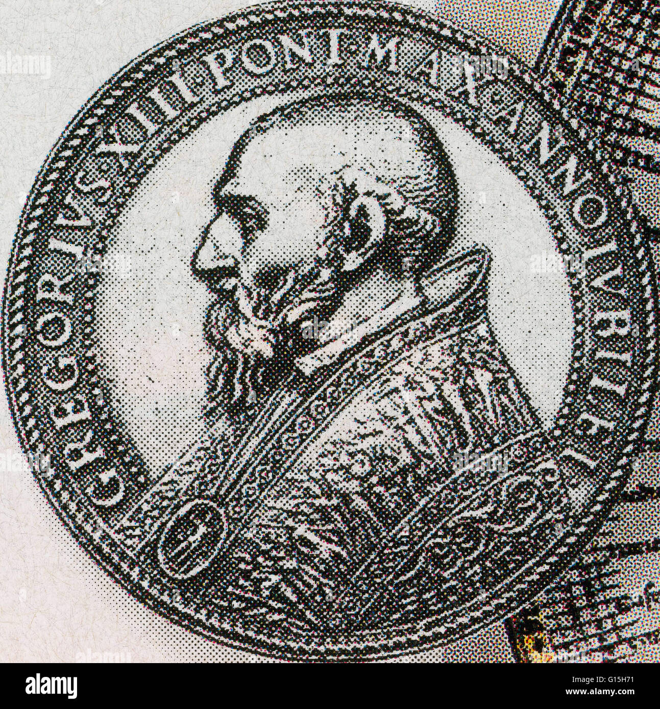 Pope Gregory XIII (January 7, 1502 - April 10, 1585), born Ugo Boncompagni, was Pope from 1572 to 1585. He is best known for commissioning and being the namesake for the Gregorian calendar, which remains the internationally-accepted civil calendar to this Stock Photo