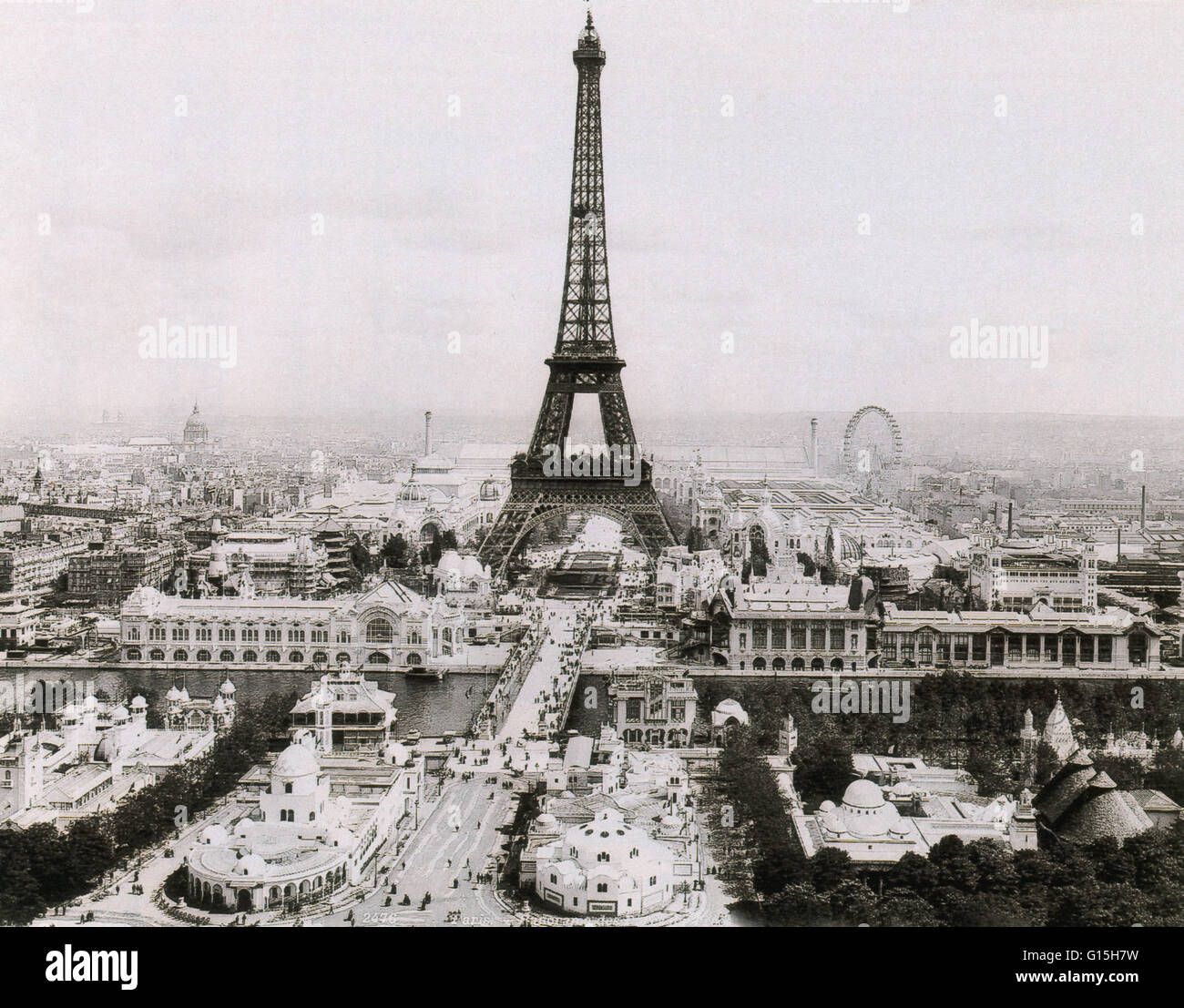 The Exposition Universelle of 1900 was a world's fair held in Paris, France, to celebrate the achievements of the past century and to accelerate development into the next. The Eiffel Tower built in 1889, it has become both a global icon of France and one Stock Photo