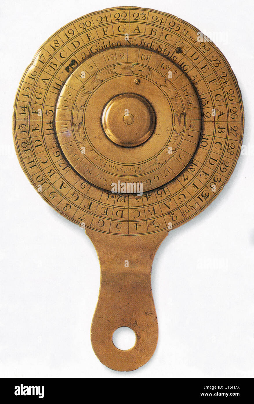 18th century perpetual calander gives the date of Easter each year either in the Julian or Gregorian calendar. The Gregorian calendar (Western calendar, Christian calendar) is the solar calendar in use throughout most of the world, sponsored by Pope Grego Stock Photo